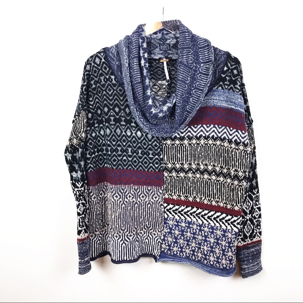 Free People Sweater XS Patch Print Cowl Funnel Neck Sweater Mixed Geometric